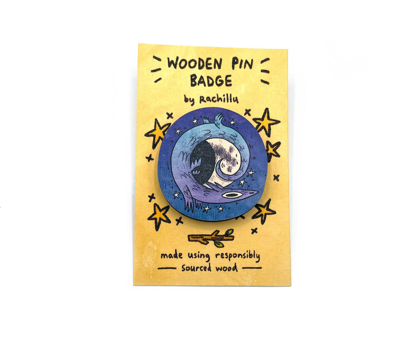 Moon Dragon Wooden Pin Badge