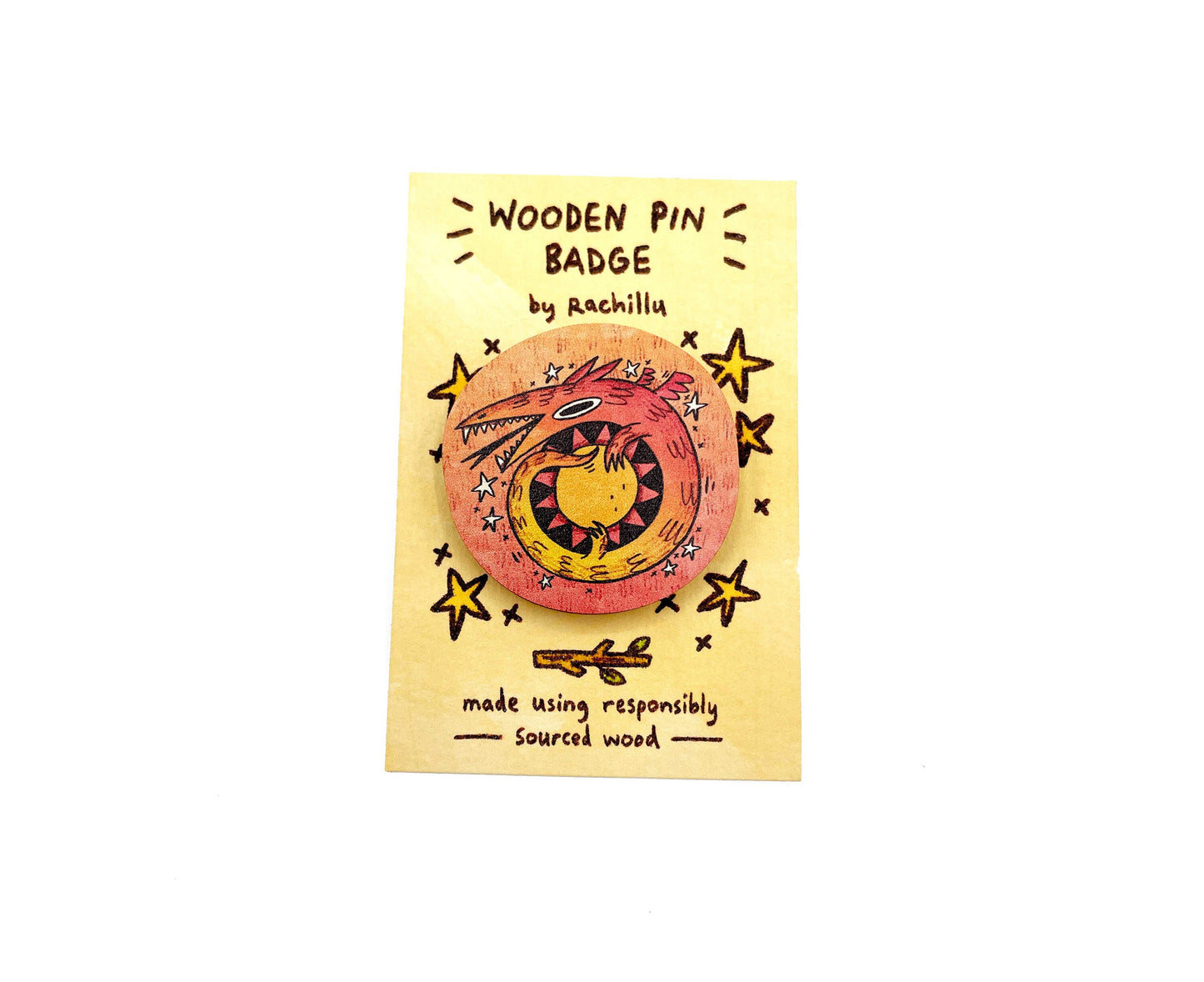 Sun Dragon Wooden Pin Badge