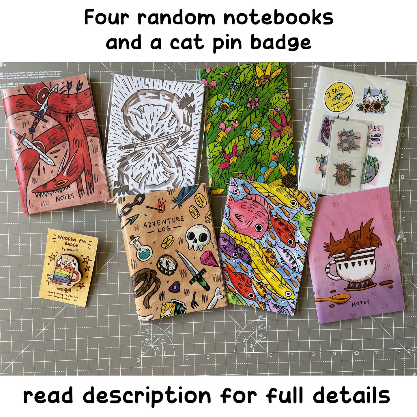 Four random notebooks and a cat pin badge!