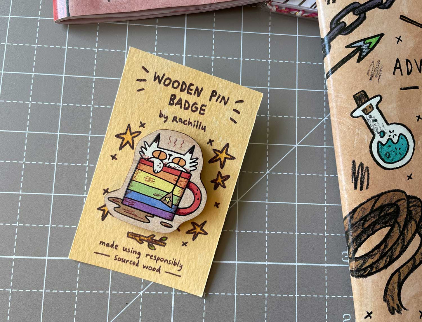 Four random notebooks and a cat pin badge!