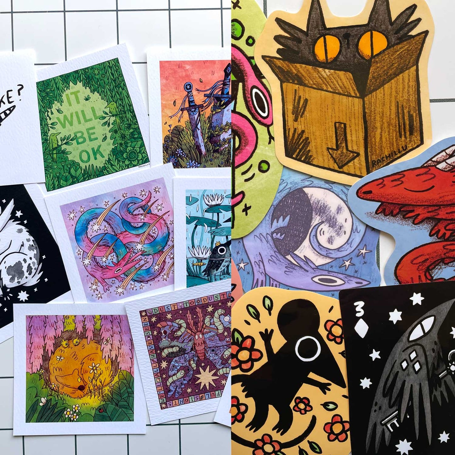 5 stickers + 5 mini prints