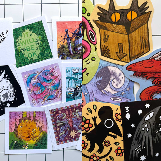 5 stickers + 5 mini prints