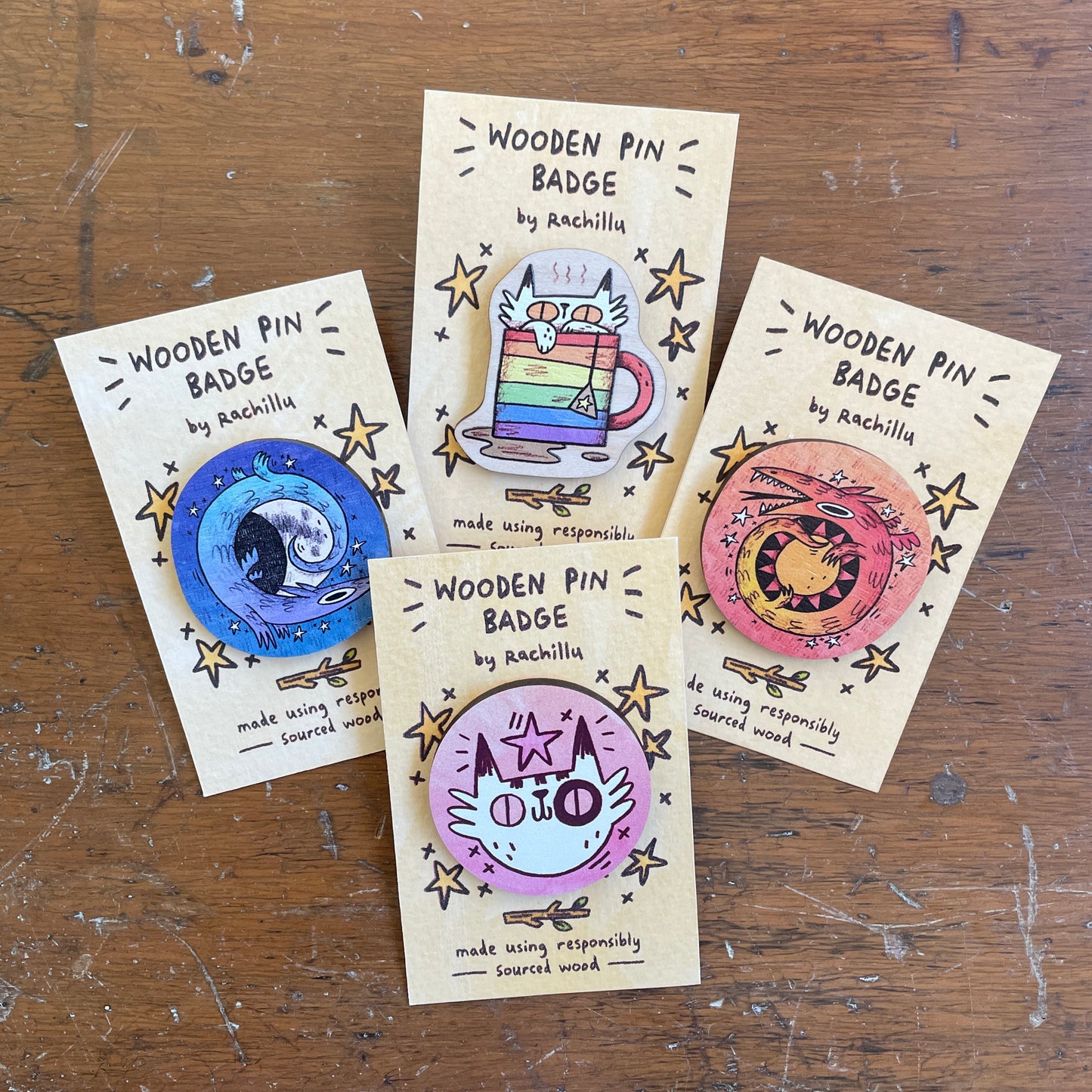 CLEARANCE Four Wooden Pin Badge Set