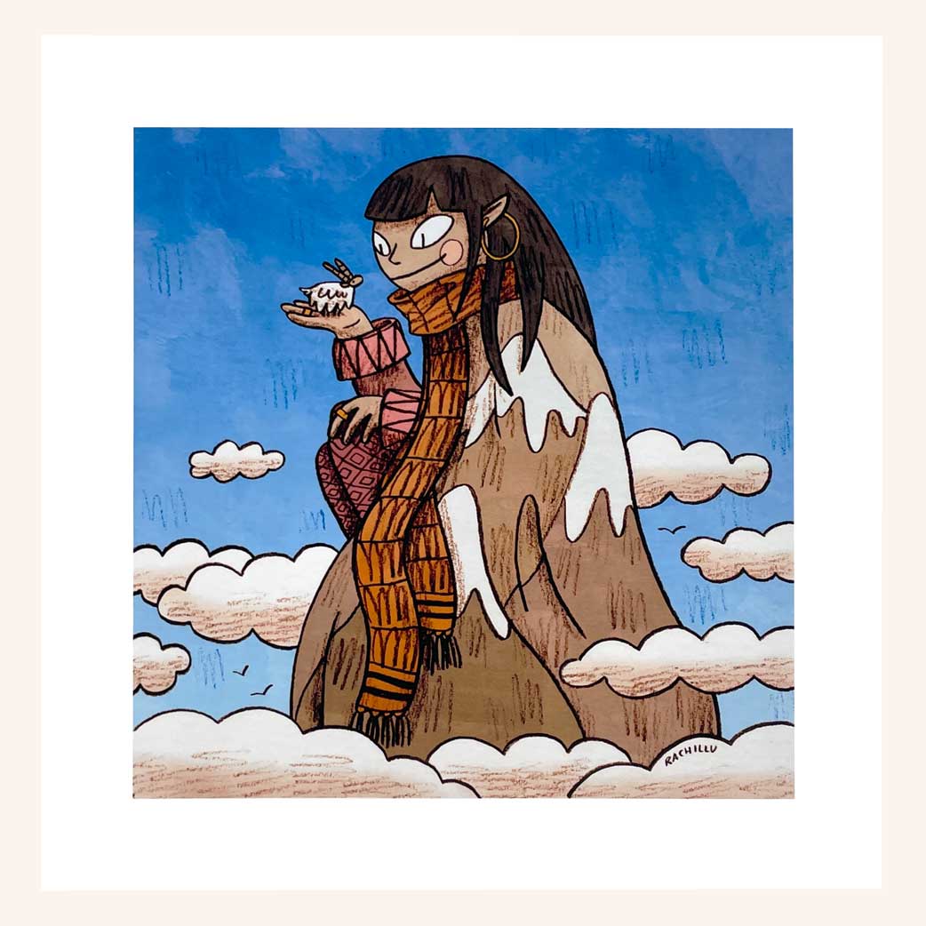 An illustration of a girl wearing a scarf and a cloak that makes her look like a mountain, holding a little horned goat in the palm of her hand and against the deep blue of the sky, high above the clouds.